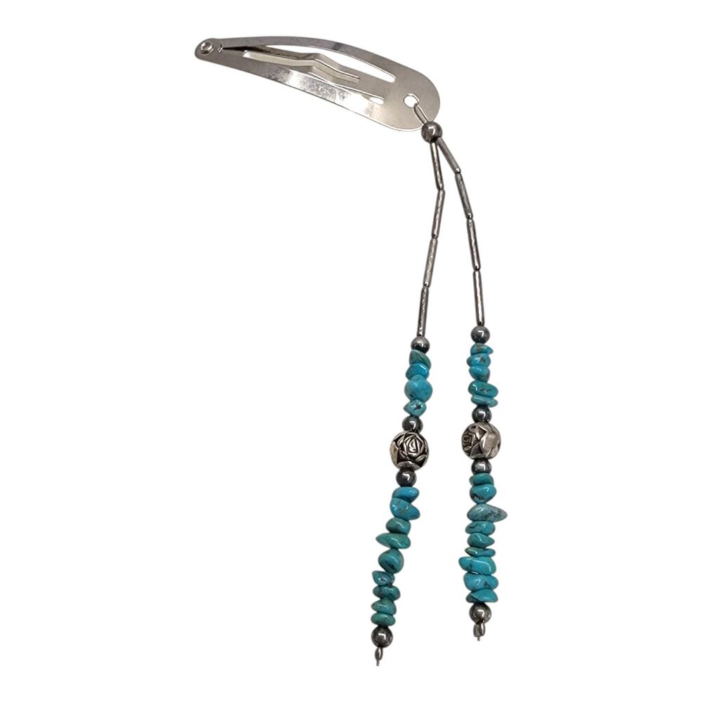 Vintage Southwestern Turquoise Bead Snap Hair Clip Barrette Dangle Boho Y2K 90s